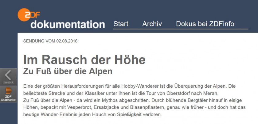 ZDF Dokumentation zu Fuß über die Alpen
